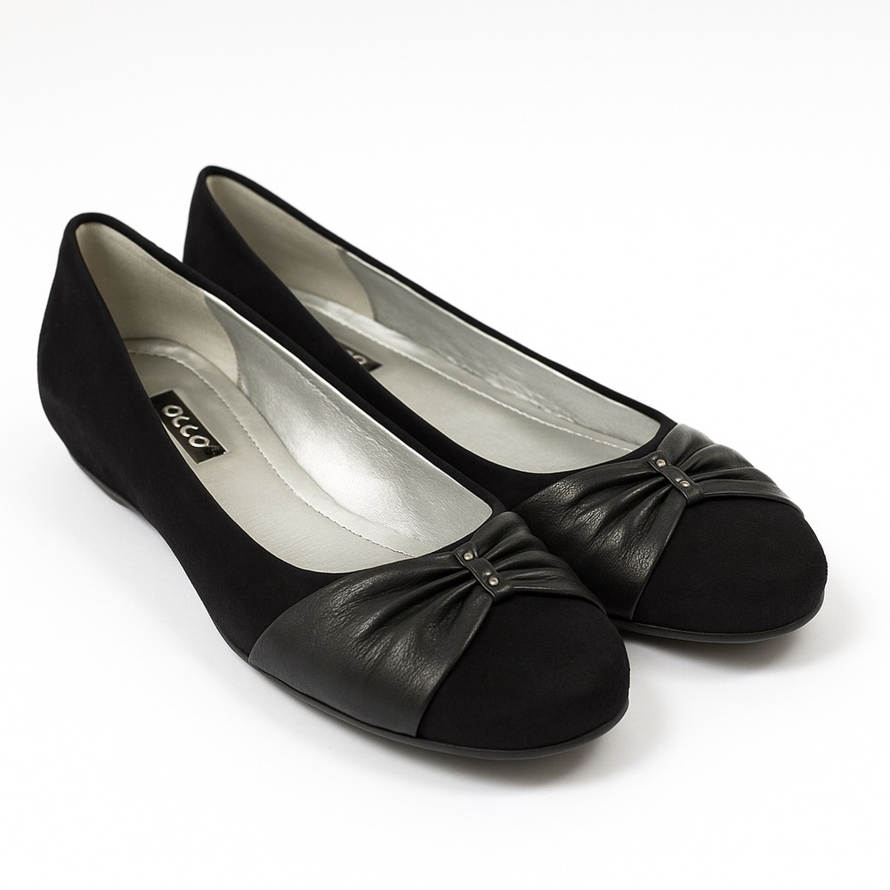 ECCO‎ Black Suede Leather Bow Ballet Flats Comfy Classic Dressy 37